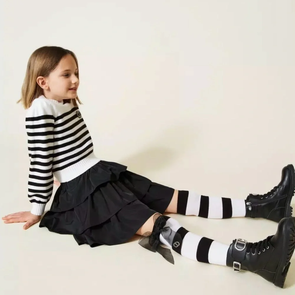Twin-Set Kids Black and White Striped Socks with Ribbon. Euro designer Twinset